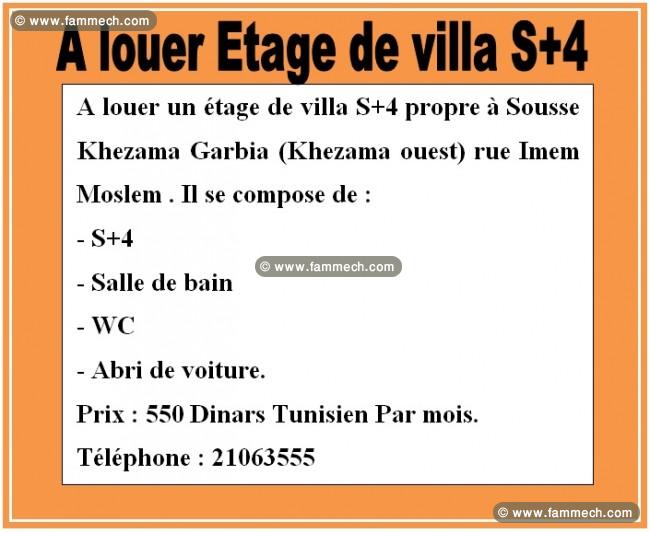 A louer Etage de villa S+4 à Sousse Khezama Garbia